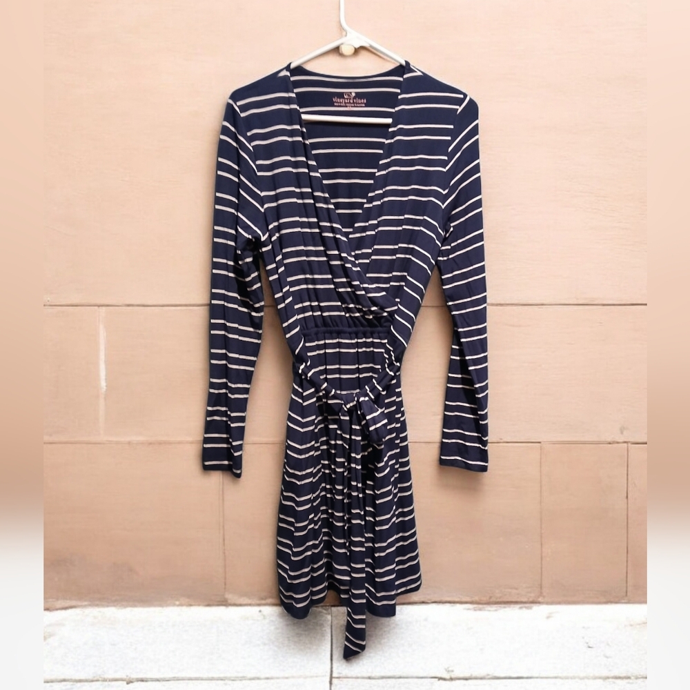 Vineyard Vines Blue Blue Stripe Long Sleeve Knee Length Dress Womans Preppy